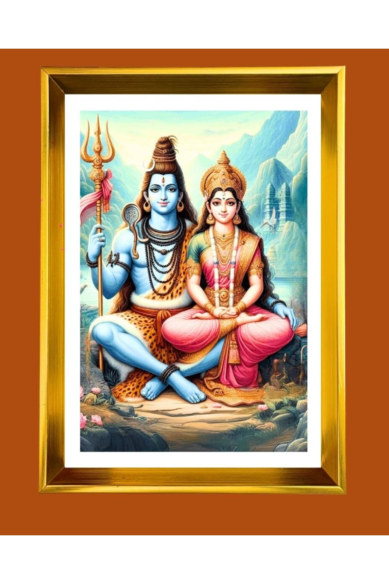 Lord Shiva And Devi Parvati Golden Photo Frame - 10x14 Inches | Elegant Wooden Frame For Home, Office & Temple Decoration | Spiritual Wall & Table Decor and Gift Item