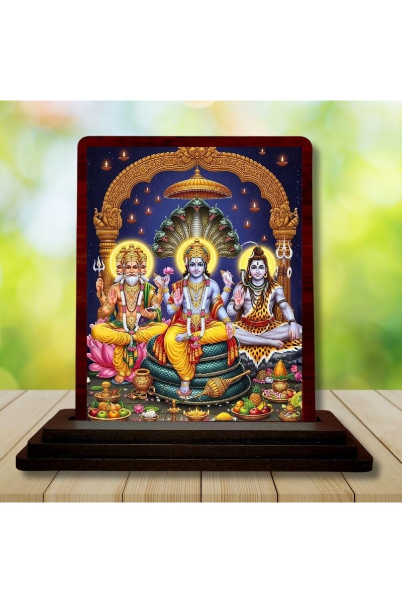 Car Desk/Table Top Lord Bramha Vishnu Shiva Wooden Photo Stand 3x4 Inches, Compact & Stylish Spiritual Display For Car, Home & Office (Pack Of 1) (F14240)
