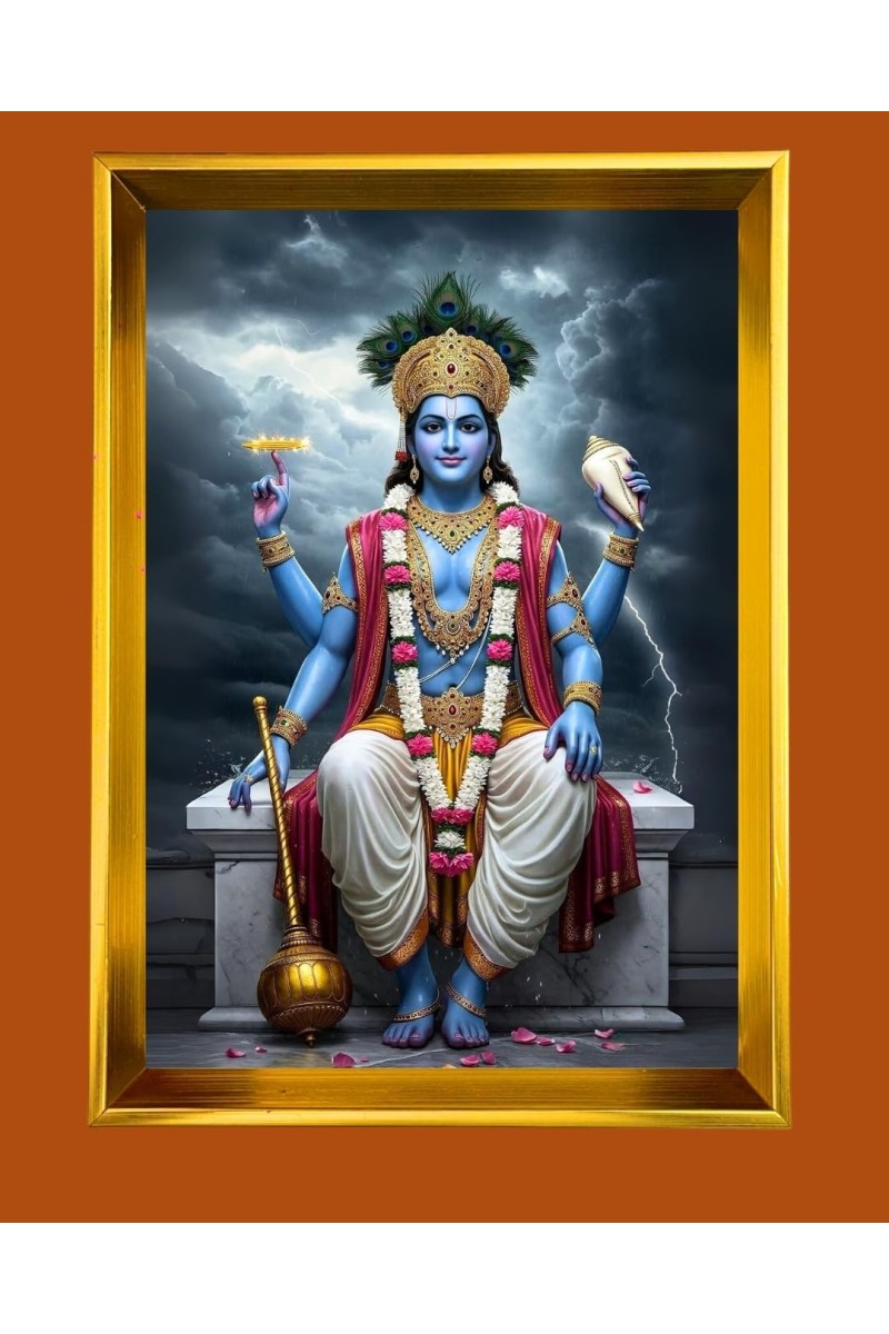 Lord Vishnu Golden Photo Frame - 14x18 Inches | Elegant Wooden Frame For Home, Office & Temple Decoration | Spiritual Wall & Table Decor And Gift Item (F9784)