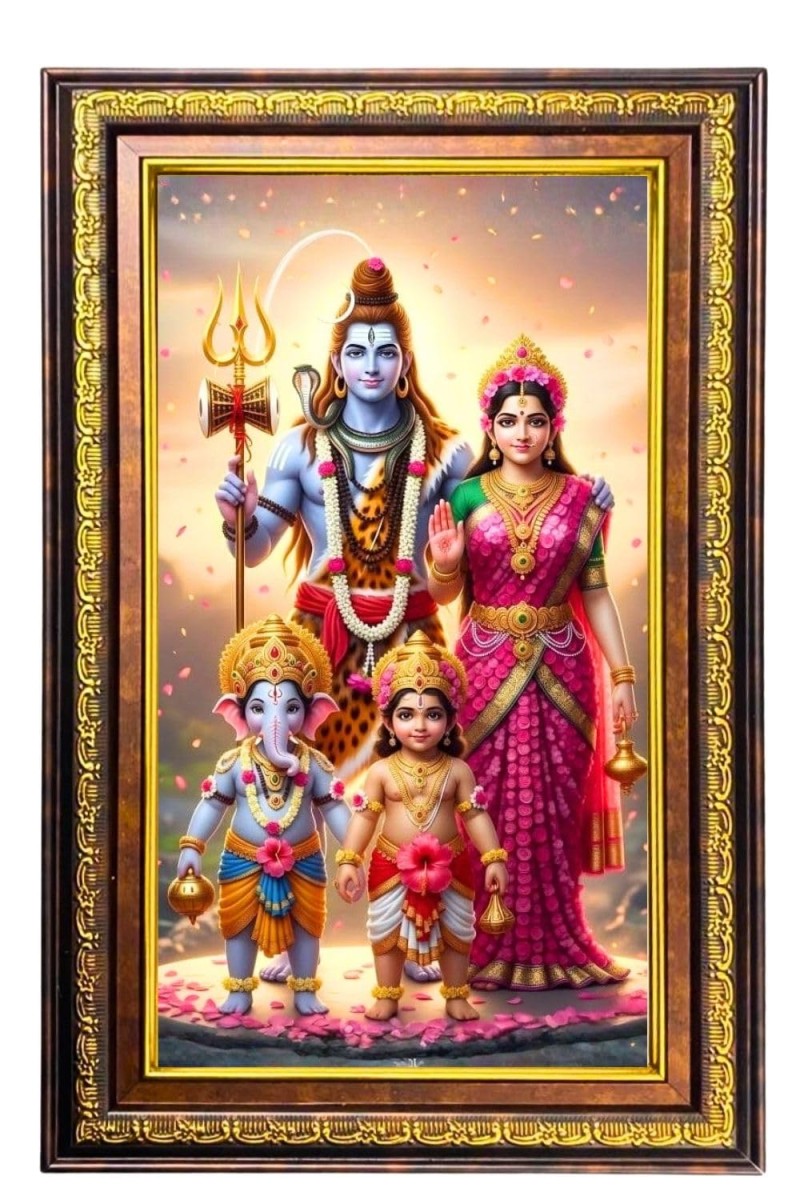 Lordshiva And Parvathi Family Digital Golden Balck Color Photo Frame | Hindu Religious Wall Decor | 10x16 Inches - Inspirational Wall Art For Office, Home Decor - Ideal Spiritual Gift (F16824)