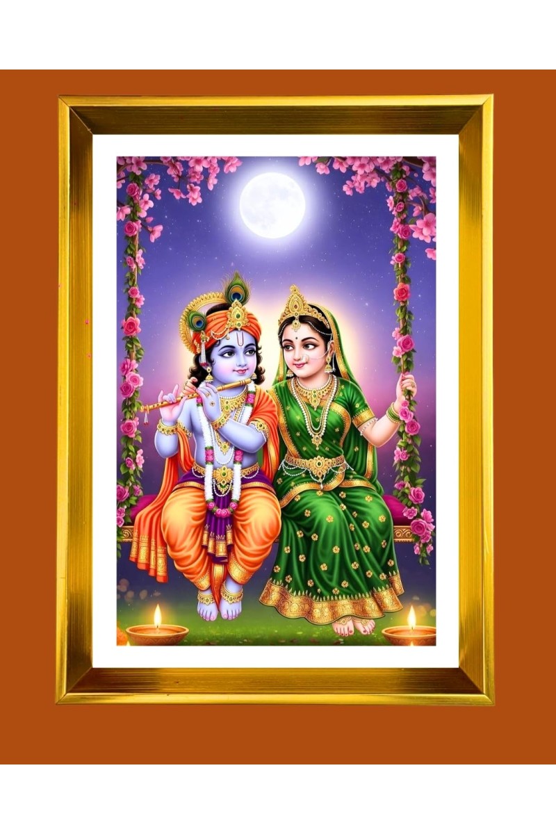 Divine Radha Krishna Golden Photo Frame - 10x14 Inches | Elegant Wooden Frame For Home, Office & Temple Decoration | Spiritual Wall & Table Decor and Gift Item