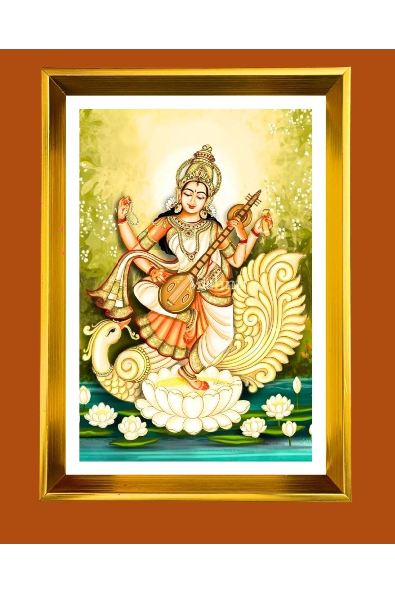 Mata Saraswati Golden Photo Frame - 10x14 Inches | Elegant Wooden Frame For Home, Office & Temple Decoration | Spiritual Wall & Table Decor And Gift Item (F9904)