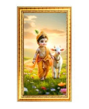 Little Krishna Digital Golden Color Photo Frame | Hindu Religious Wall Decor | 10x17 Inches - Inspirational Wall Art For Office, Home Decor - Ideal Spiritual Gift (F10271)
