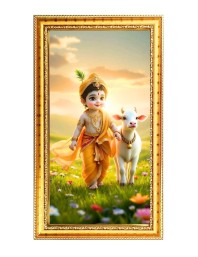 Little Krishna Digital Golden Color Photo Frame | Hindu Religious Wall Decor | 10x17 Inches - Inspirational Wall Art For Office, Home Decor - Ideal Spiritual Gift (F10271)