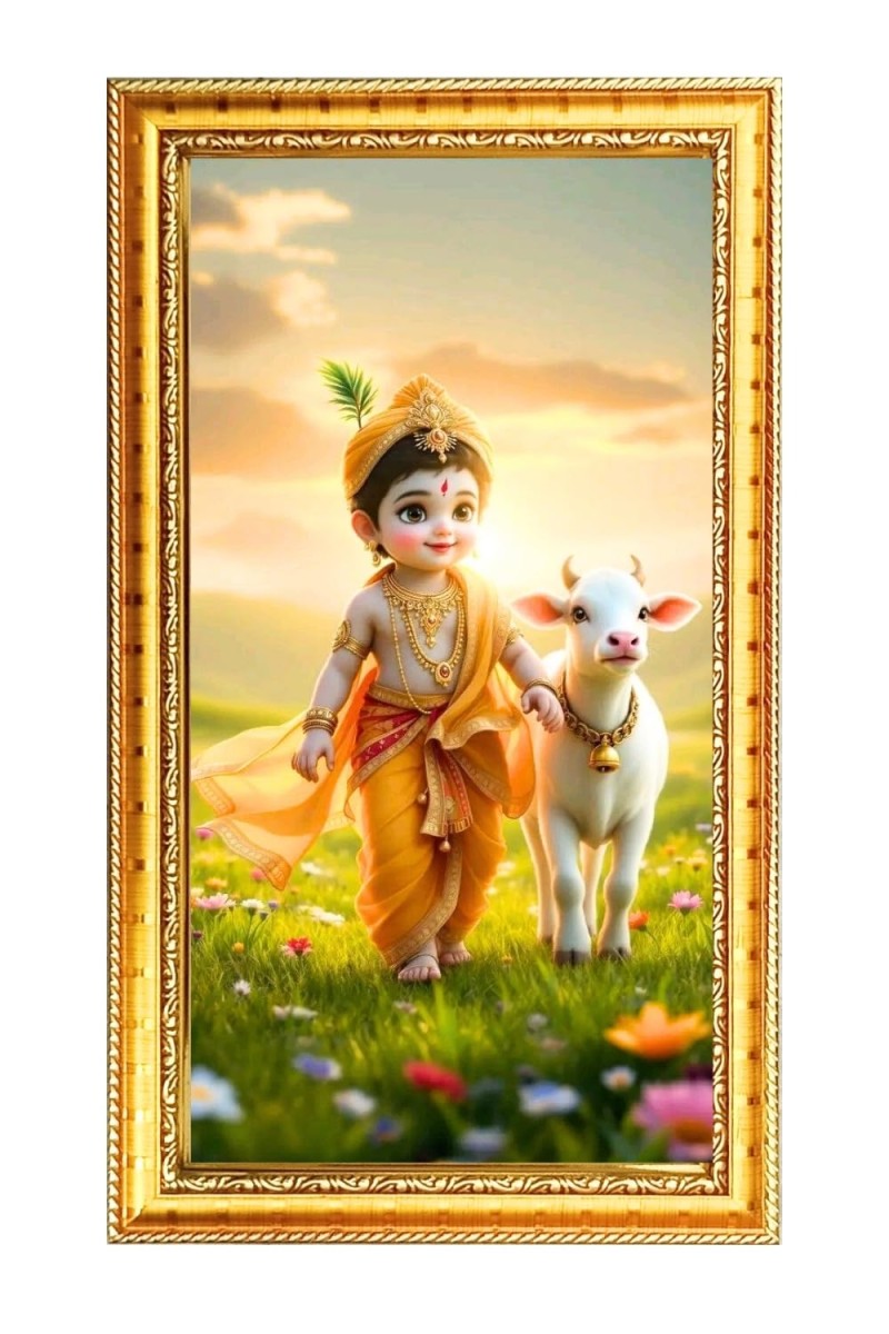 Little Krishna Digital Golden Color Photo Frame | Hindu Religious Wall Decor | 8x15 Inches - Inspirational Wall Art For Office, Home Decor - Ideal Spiritual Gift (F10271)