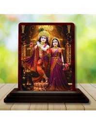 Car Desk/Table Top Radha Krishna Wooden Photo Stand 3x4 Inches, Compact & Stylish Spiritual Display For Car, Home & Office (Pack Of 1) (F14227)