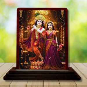 Car Desk/Table Top Radha Krishna Wooden Photo Stand 3x4 Inches, Compact & Stylish Spiritual Display For Car, Home & Office (Pack Of 1) (F14227)