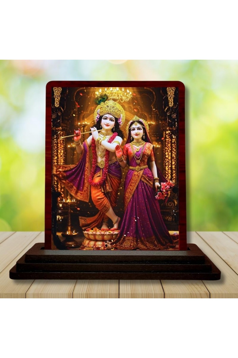 Car Desk/Table Top Radha Krishna Wooden Photo Stand 3x4 Inches, Compact & Stylish Spiritual Display For Car, Home & Office (Pack Of 1) (F14227)