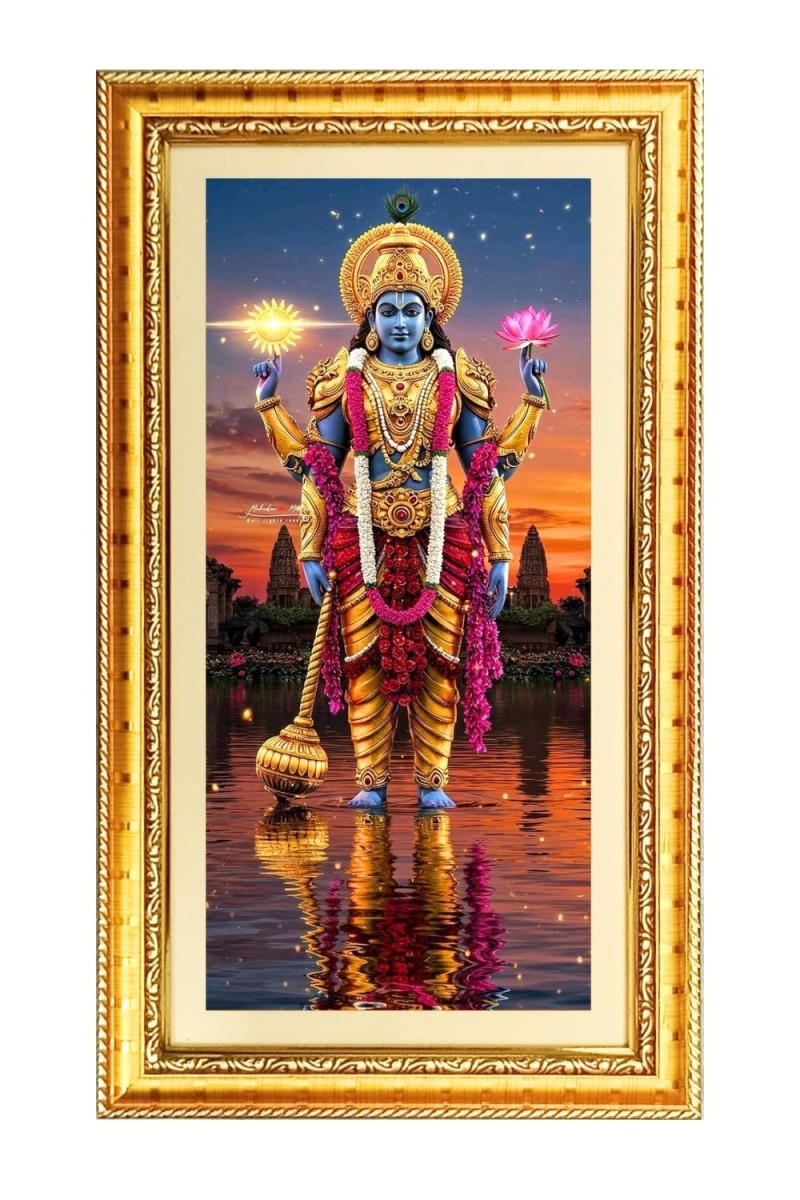Lord Vishnu Digital Golden Color Photo Frame | Hindu Religious Wall Decor | 12x19 Inches - Inspirational Wall Art For Office, Home Decor - Ideal Spiritual Gift (F10396)