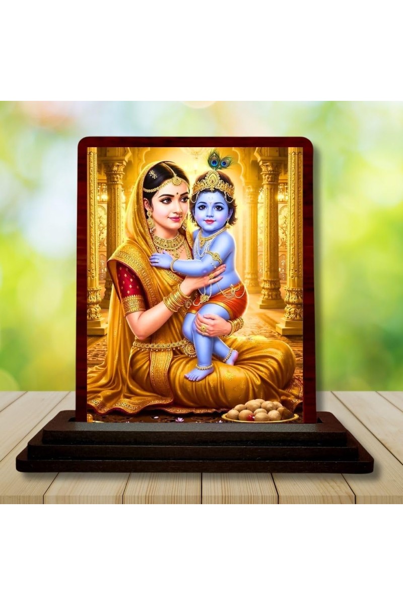Car Desk/Table Top Yashodha Krishna Wooden Photo Stand 3x4 Inches, Compact & Stylish Spiritual Display For Car, Home & Office (Pack Of 1) (F14467)