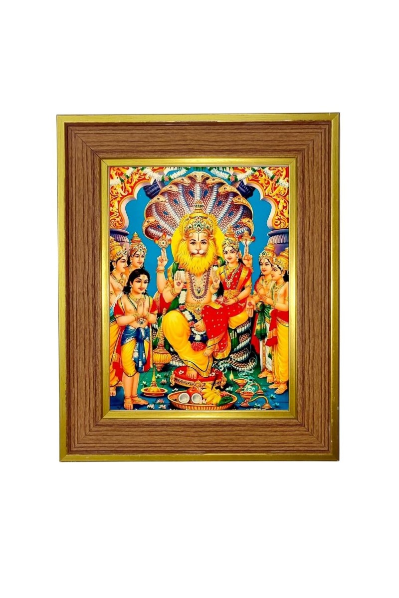 Lakshmi Narasimha Photo Frame 10x14 Inches-Brown Wooden Frame For Home, Office & Temple Decoration And Gifting (F6284)