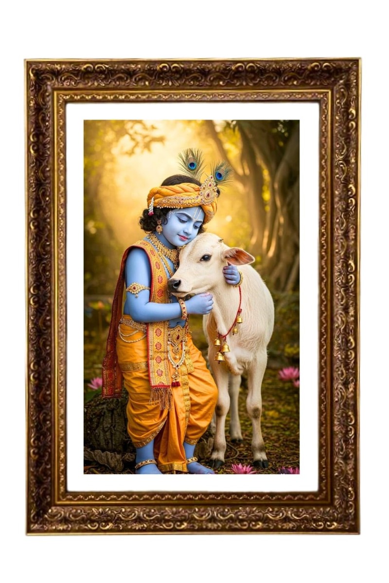 Lord Krishna With White Cow Big Photo Frame - 20x28 Inches For Home,Temple & Office Decoration (F11185)