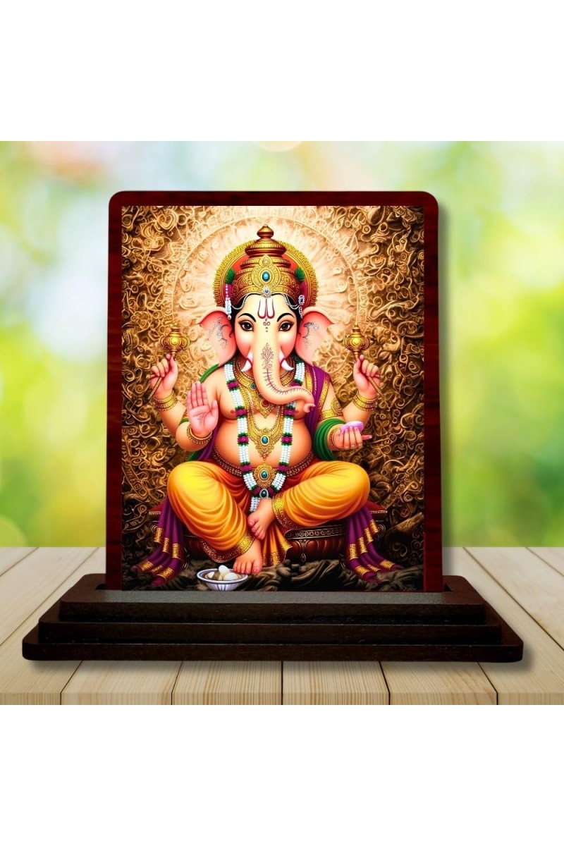 Car Desk/Table Top Lord Ganesha Wooden Photo Stand 3x4 Inches, Compact & Stylish Spiritual Display For Car, Home & Office (Pack Of 1) (F14158)