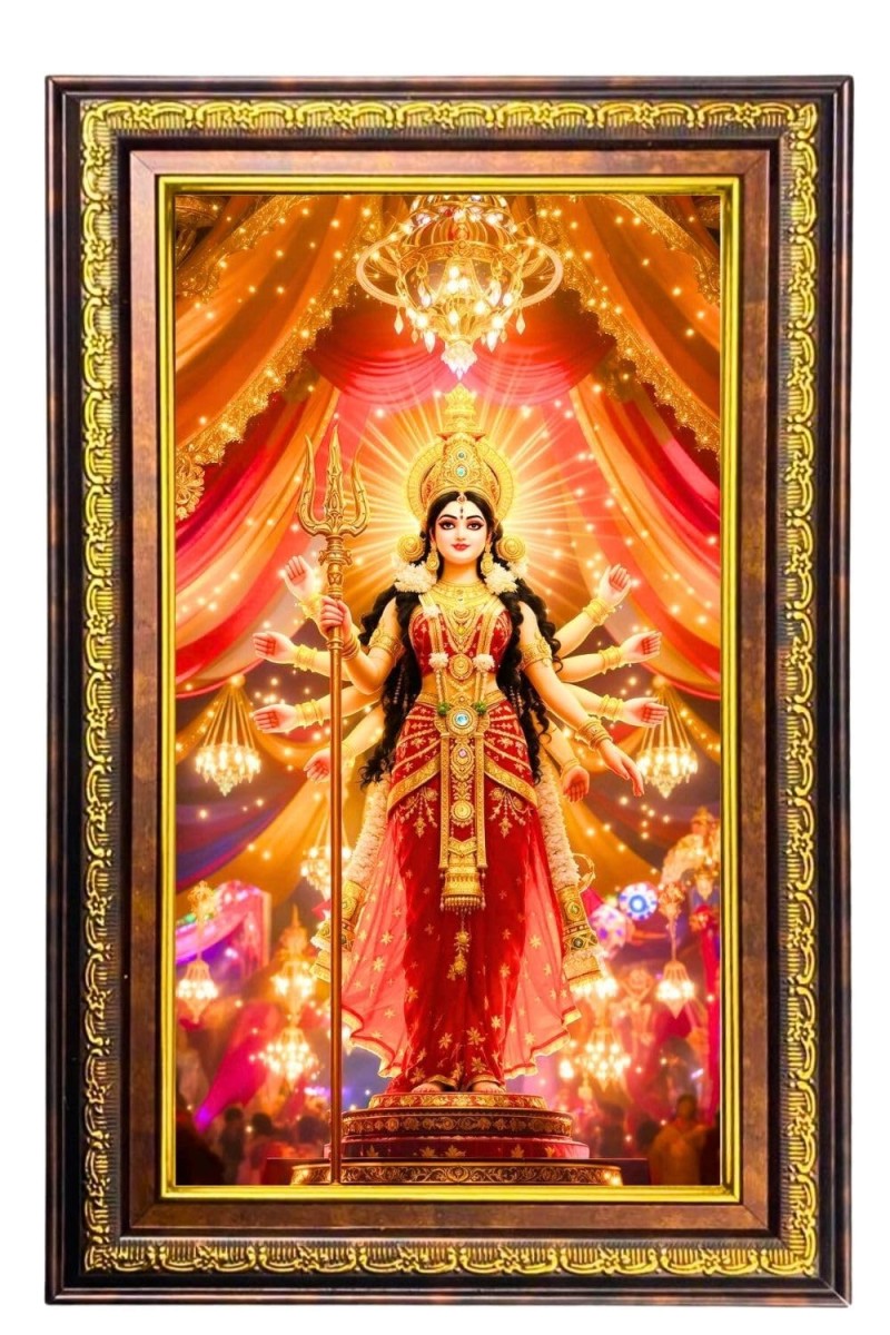 Goddess Durga Digital Golden Balck Color Photo Frame | Hindu Religious Wall Decor | 10x16 Inches - Inspirational Wall Art For Office, Home Decor - Ideal Spiritual Gift (F16901)