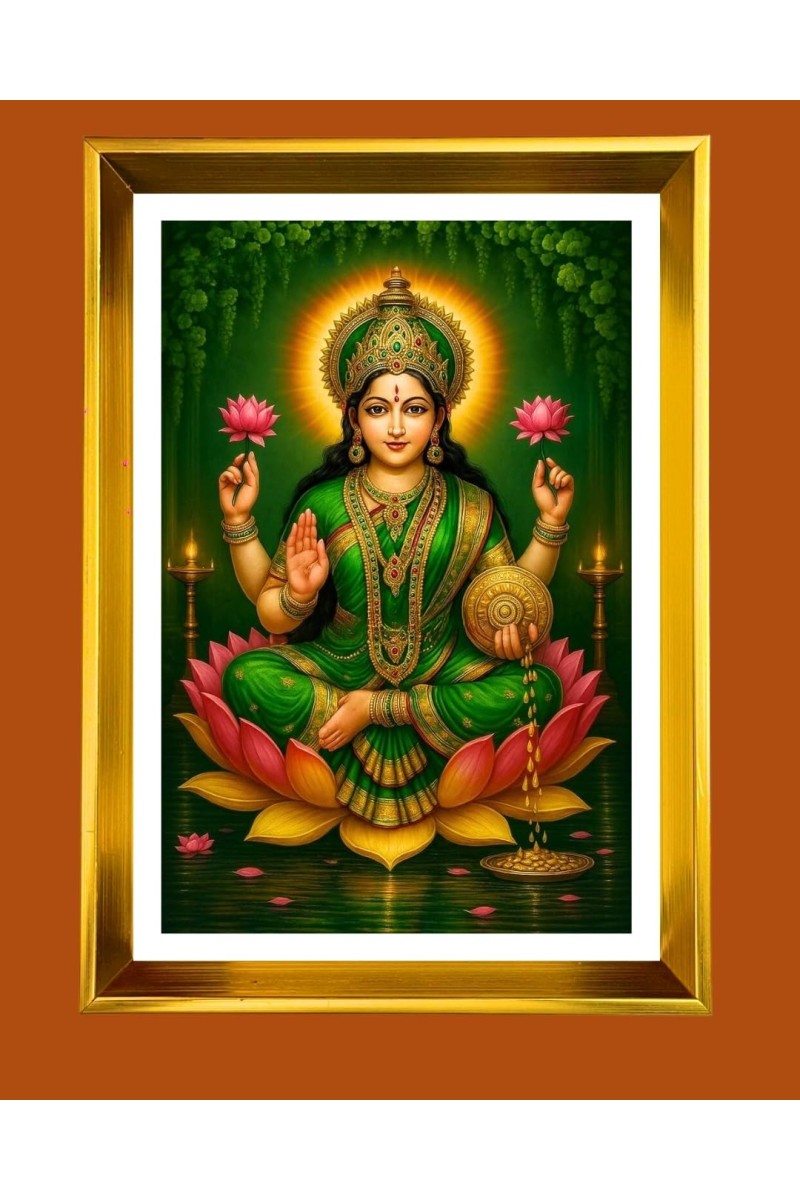 Mata Lakshmi Golden Photo Frame - 10x14 Inches | Elegant Wooden Frame For Home, Office & Temple Decoration | Spiritual Wall & Table Decor and Gift Item