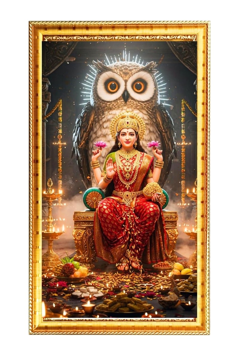 Mata Laxmi Digital Golden Color Photo Frame | Hindu Religious Wall Decor | 8x15 Inches - Inspirational Wall Art For Office, Home Decor - Ideal Spiritual Gift (F10206)