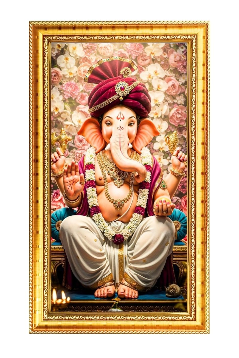 Lord Ganesh Digital Golden Color Photo Frame | Hindu Religious Wall Decor | 8x15 Inches - Inspirational Wall Art For Office, Home Decor - Ideal Spiritual Gift (F10381)