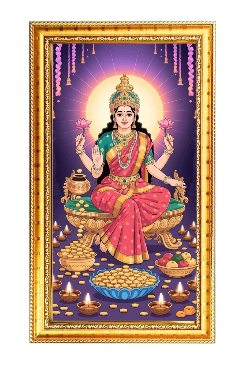 Mata Lakhsmi Digital Golden Color Photo Frame | Hindu Religious Wall Decor | 10x17 Inches - Inspirational Wall Art For Office, Home Decor - Ideal Spiritual Gift (F10300)
