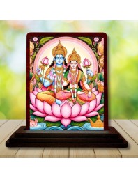 Car Desk/Table Top Lord Vishnu Lakshmi Wooden Photo Stand 3x4 Inches, Compact & Stylish Spiritual Display For Car, Home & Office (Pack Of 1) (F14443)