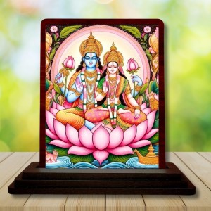 Car Desk/Table Top Lord Vishnu Lakshmi Wooden Photo Stand 3x4 Inches, Compact & Stylish Spiritual Display For Car, Home & Office (Pack Of 1) (F14443)