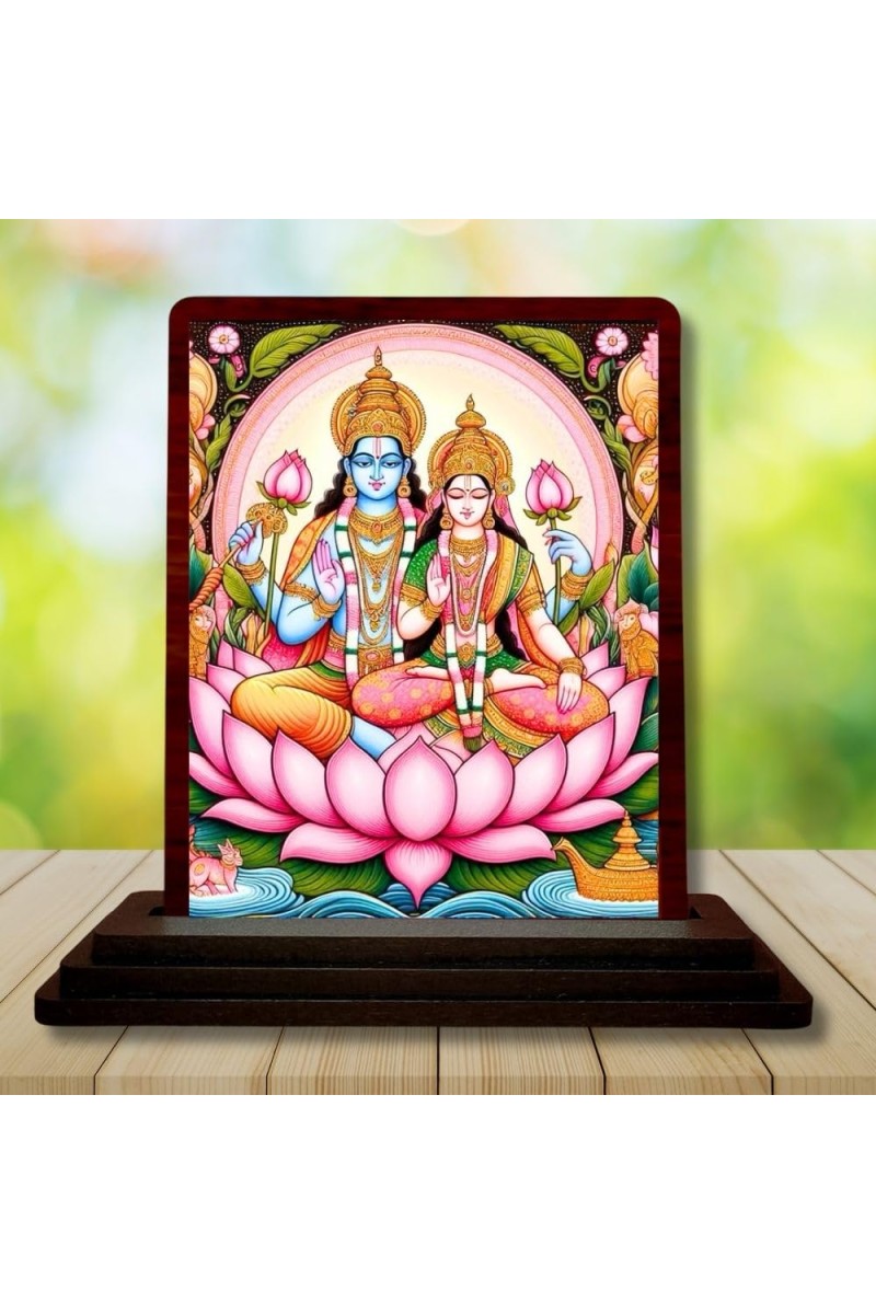 Car Desk/Table Top Lord Vishnu Lakshmi Wooden Photo Stand 3x4 Inches, Compact & Stylish Spiritual Display For Car, Home & Office (Pack Of 1) (F14443)