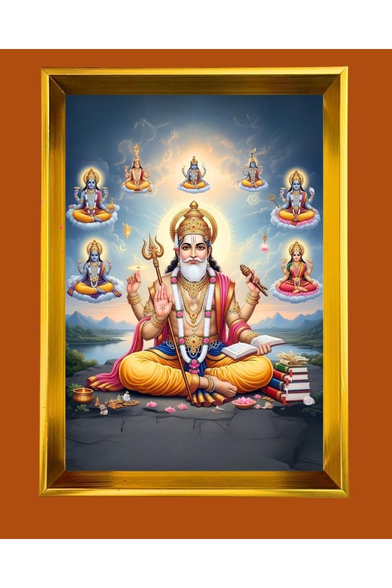 Lord Vishwakarma Golden Photo Frame - 14x18 Inches | Elegant Wooden Frame For Home, Office & Temple Decoration | Spiritual Wall & Table Decor And Gift Item (F9890)