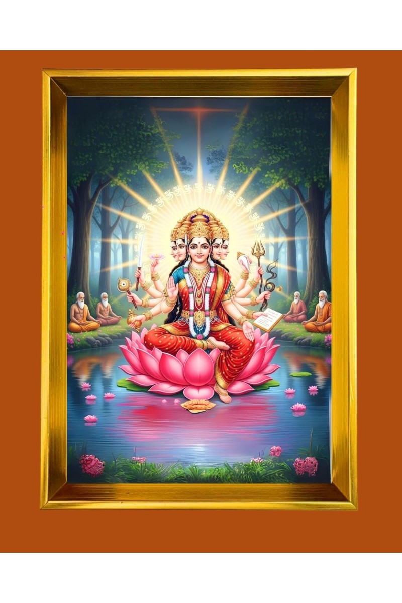 Mata Gayatri Golden Photo Frame - 10x14 Inches | Elegant Wooden Frame For Home, Office & Temple Decoration | Spiritual Wall & Table Decor and Gift Item