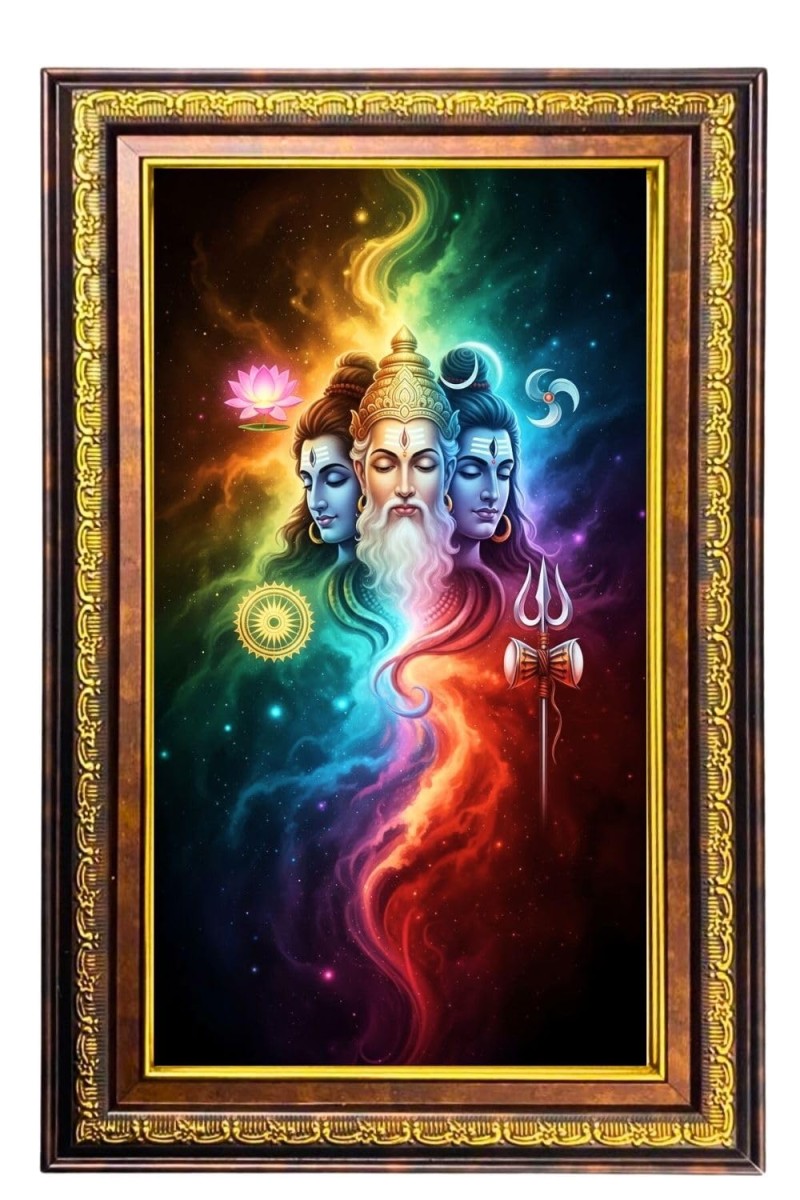 Bramha Vishnu Shiva Digital Golden Balck Color Photo Frame | Hindu Religious Wall Decor | 10x16 Inches - Inspirational Wall Art For Office, Home Decor - Ideal Spiritual Gift (F16499)