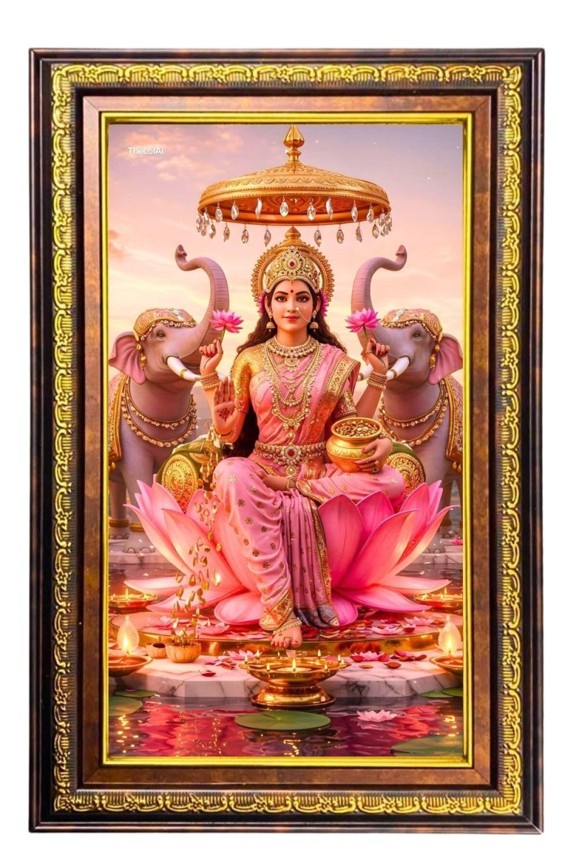 Goddess Lakshmi Digital Golden Balck Color Photo Frame | Hindu Religious Wall Decor | 10x16 Inches - Inspirational Wall Art For Office, Home Decor - Ideal Spiritual Gift (F16724)