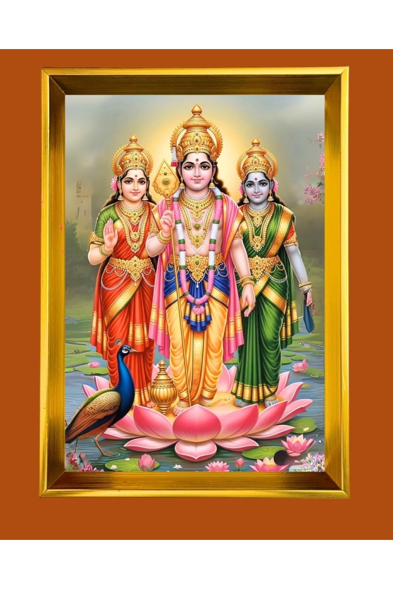 Lord Murugaan Golden Photo Frame - 10x14 Inches | Elegant Wooden Frame For Home, Office & Temple Decoration | Spiritual Wall & Table Decor and Gift Item