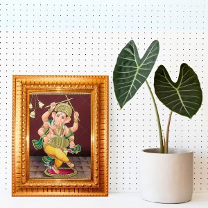 Nritya Ganapati. Golden Designer Photo Frame | 12x16 Inch Religious Wall Hanging Frame For Home & Office Decoration | Hindu Deity Spiritual Gift Item