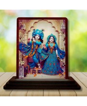 Car Desk/Table Top Radha Krishna Wooden Photo Stand 3x4 Inches, Compact & Stylish Spiritual Display For Car, Home & Office (Pack Of 1) (F14224)