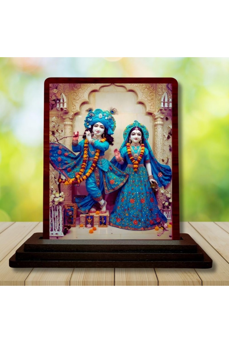 Car Desk/Table Top Radha Krishna Wooden Photo Stand 3x4 Inches, Compact & Stylish Spiritual Display For Car, Home & Office (Pack Of 1) (F14224)