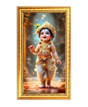 Little Krishna Digital Golden Color Photo Frame | Hindu Religious Wall Decor | 10x17 Inches - Inspirational Wall Art For Office, Home Decor - Ideal Spiritual Gift (F10272)