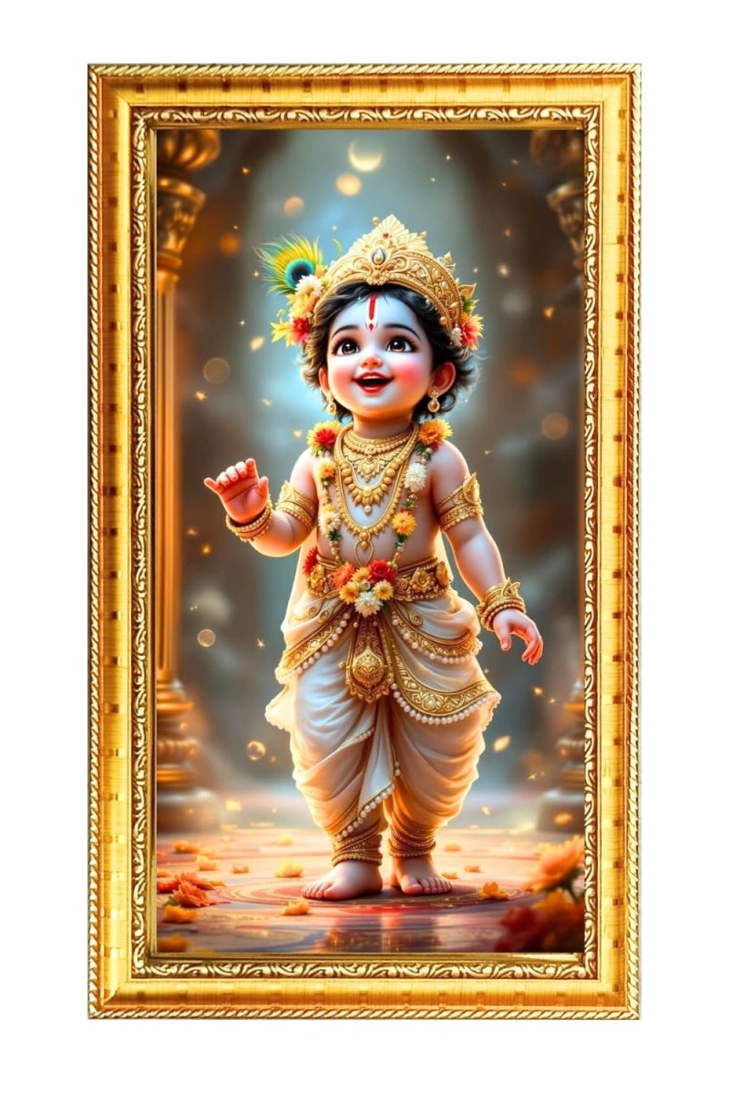 Little Krishna Digital Golden Color Photo Frame | Hindu Religious Wall Decor | 10x17 Inches - Inspirational Wall Art For Office, Home Decor - Ideal Spiritual Gift (F10272)