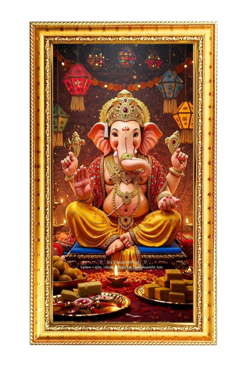 Lord Ganesh Digital Golden Color Photo Frame | Hindu Religious Wall Decor | 12x19 Inches - Inspirational Wall Art For Office, Home Decor - Ideal Spiritual Gift (F10335)