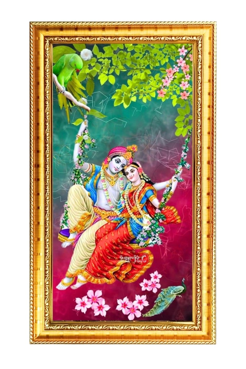 Divine Radha Krishna Digital Golden Color Photo Frame | Hindu Religious Wall Decor | 8x15 Inches - Inspirational Wall Art For Office, Home Decor - Ideal Spiritual Gift (F10337)