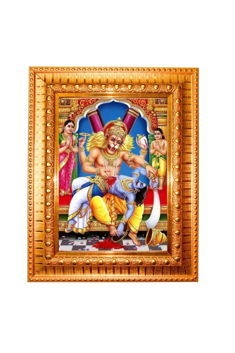Lord Narashimha Golden Designer Photo Frame | 10x14 Inch Religious Wall Hanging Frame For Home & Office Decoration | Hindu Deity Lord Narashimha Spiritual Gift Item