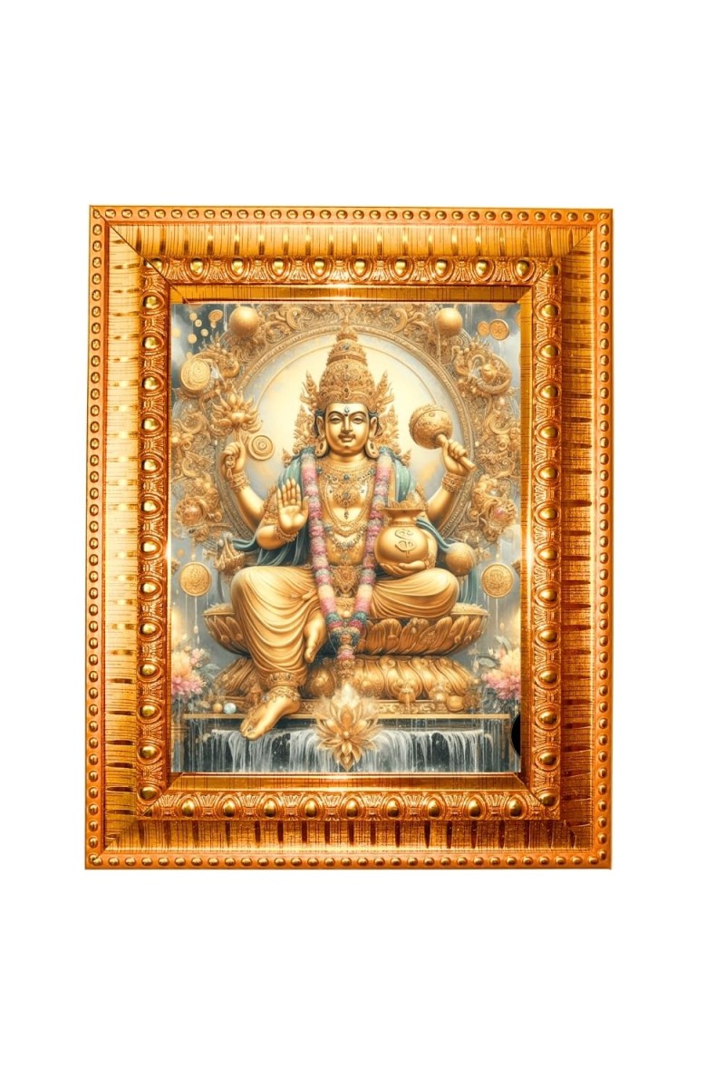 Lord Kuber Maharaj Golden Designer Photo Frame | 10x14 Inch Religious Wall Hanging Frame For Home & Office Decoration | Hindu Deity Spiritual Gift Item