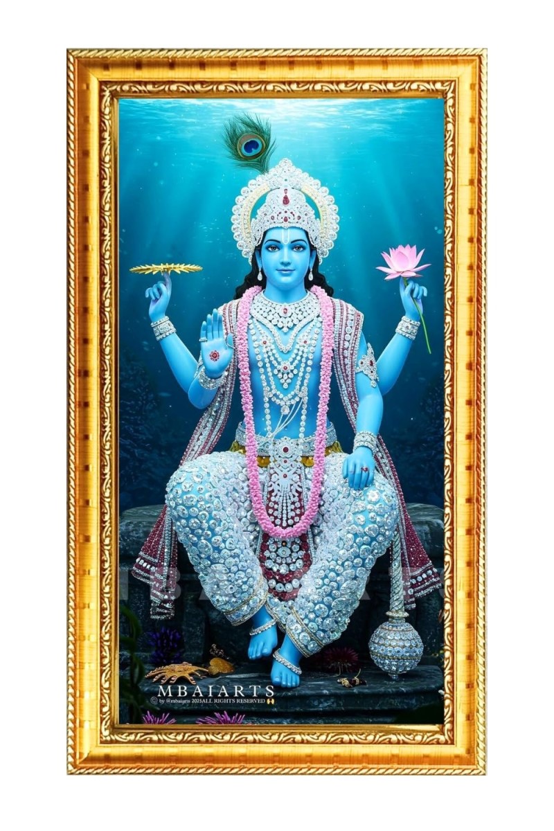 Lord Vishnu Digital Golden Color Photo Frame | Hindu Religious Wall Decor | 8x15 Inches - Inspirational Wall Art For Office, Home Decor - Ideal Spiritual Gift (F10219)