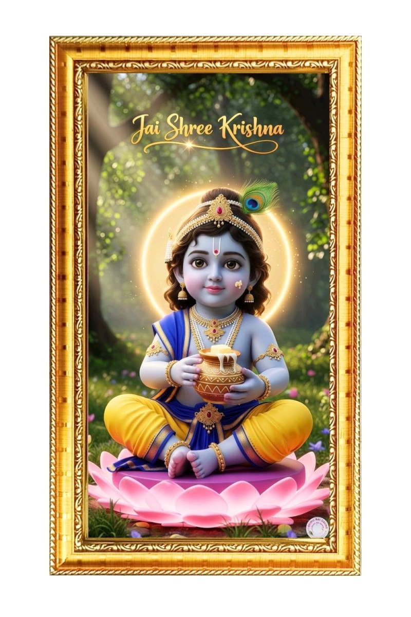 Jai Shree Krishna Digital Golden Color Photo Frame | Hindu Religious Wall Decor | 10x17 Inches - Inspirational Wall Art For Office, Home Decor - Ideal Spiritual Gift (F10247)