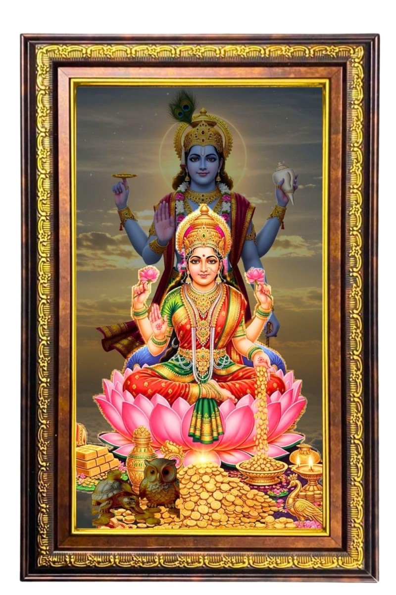 Goddess Lakshmi Digital Golden Balck Color Photo Frame | Hindu Religious Wall Decor | 10x16 Inches - Inspirational Wall Art For Office, Home Decor - Ideal Spiritual Gift (F16651)