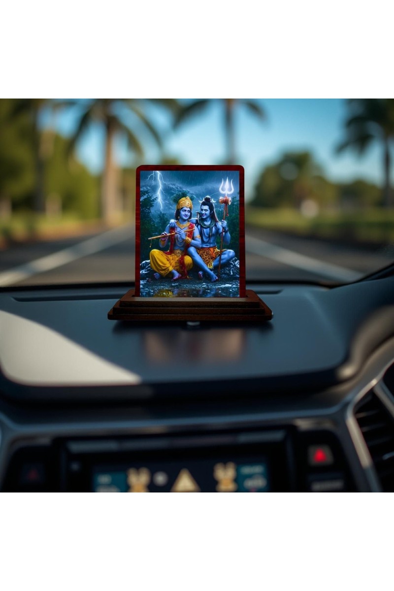Car Desk/Table Top Lord Shiva And Shri Krishna Wooden Photo Stand 3x4 Inches, Compact & Stylish Spiritual Display For Car, Home & Office (Pack Of 1) (F14133)