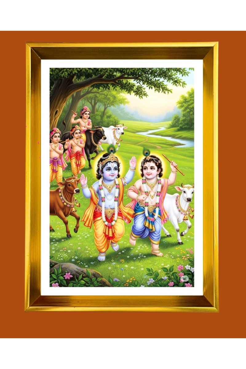 Lord Krishna And Balarama Golden Photo Frame - 18x22 Inches | Elegant Wooden Frame For Home, Office & Temple Decoration | Spiritual Wall & Table Decor And Gift Item (F9907)