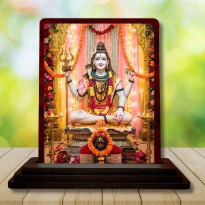 Car Desk/Table Top Lord Shiva Wooden Photo Stand 3x4 Inches, Compact & Stylish Spiritual Display For Car, Home & Office (Pack Of 1) (F14312)