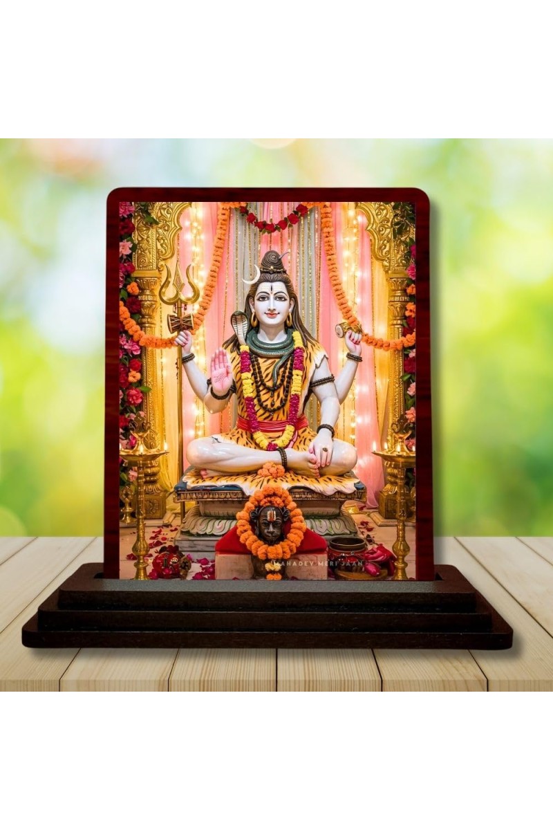 Car Desk/Table Top Lord Shiva Wooden Photo Stand 3x4 Inches, Compact & Stylish Spiritual Display For Car, Home & Office (Pack Of 1) (F14312)