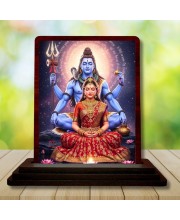 Car Desk/Table Top Lord Shiva And Parvathi Wooden Photo Stand 3x4 Inches, Compact & Stylish Spiritual Display For Car, Home & Office (Pack Of 1) (F14325)