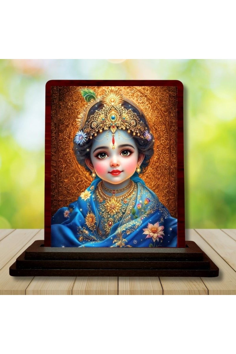 Car Desk/Table Top Lord Bal Krishna Wooden Photo Stand â€“ 3x4 Inches, Compact & Stylish Spiritual Display For Car, Home & Office (Pack Of 1) (F15128)