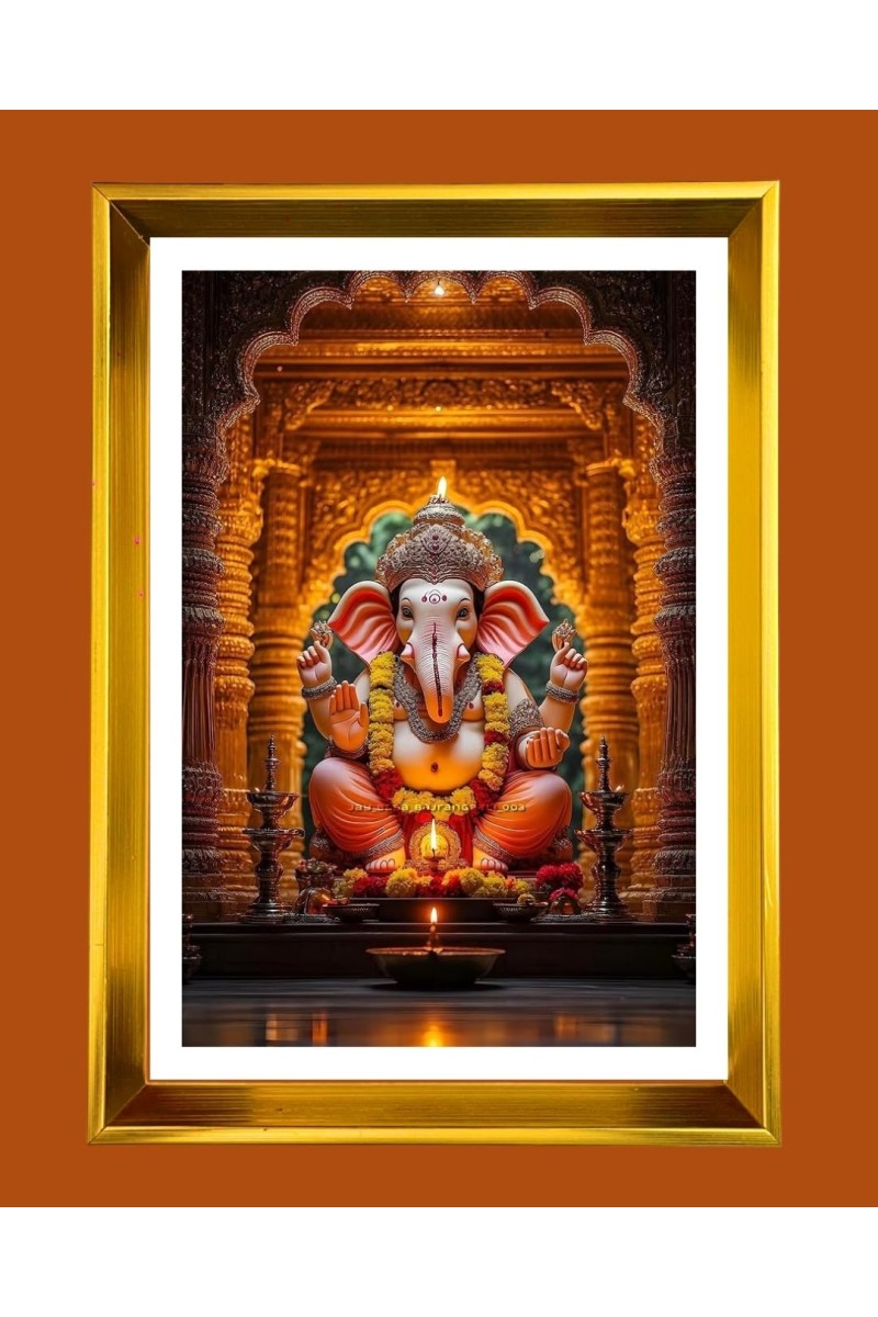 Lord Ganesha Golden Photo Frame - 10x14 Inches | Elegant Wooden Frame For Home, Office & Temple Decoration | Spiritual Wall & Table Decor and Gift Item