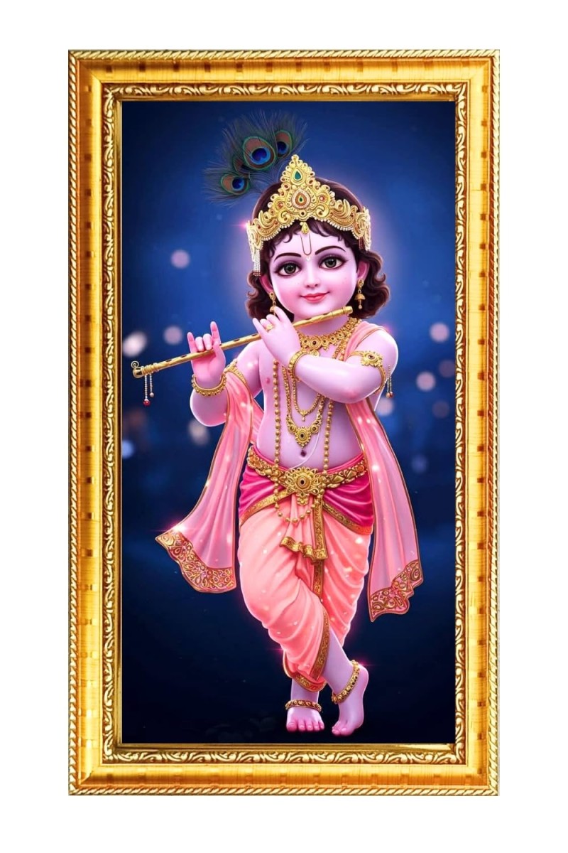 Little Krishna Digital Golden Color Photo Frame | Hindu Religious Wall Decor | 10x17 Inches - Inspirational Wall Art For Office, Home Decor - Ideal Spiritual Gift (F10278)